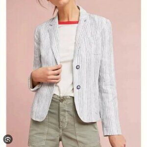 Anthropologie Cartonnier Beachy 100% Linen Blue Ticking Stripe Blazer Jacket 12
